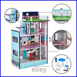 Wooden Kids 4 Storey Doll House With Furniture Accessories Mansion Playhouse Toy