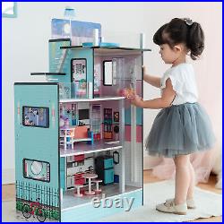 Wooden Kids 4 Storey Doll House With Furniture Accessories Mansion Playhouse Toy