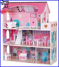 Wooden Kids Doll House All in 1 with Furniture & Staircase Perfect Birthday Des
