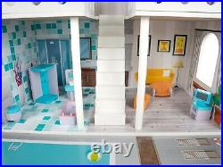 Wooden Kids Doll House With Garage Pool Balcony And Furniture Kinderplay