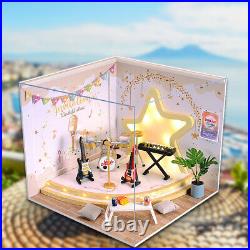 Wooden Miniature Dollhouse LED Light Music Room Dustproof Cover Birthday Toy