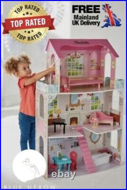 Wooden Pretend Pink Country Manor Dolls House play set for ages 3+