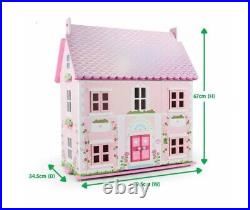 Wooden Rosebud Doll House For Kids Pretend Play With Furniture And Doll Toy Set