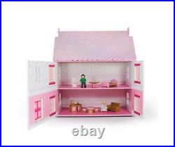 Wooden Rosebud Doll House For Kids Pretend Play With Furniture And Doll Toy Set