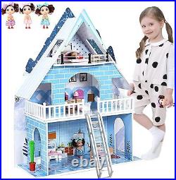 Wooden Snowhouse Kid 3 Storey Doll House With 15PC Furniture Playhouse Toy Doll