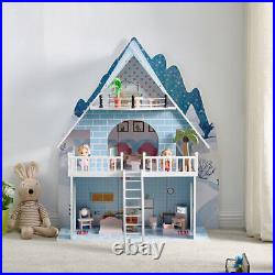 Wooden Snowhouse Kid 3 Storey Doll House With 15PC Furniture Playhouse Toy Doll