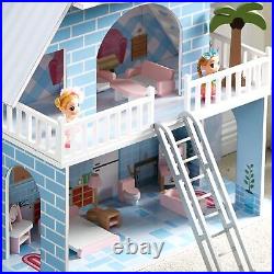 Wooden Snowhouse Kid 3 Storey Doll House With 15PC Furniture Playhouse Toy Doll